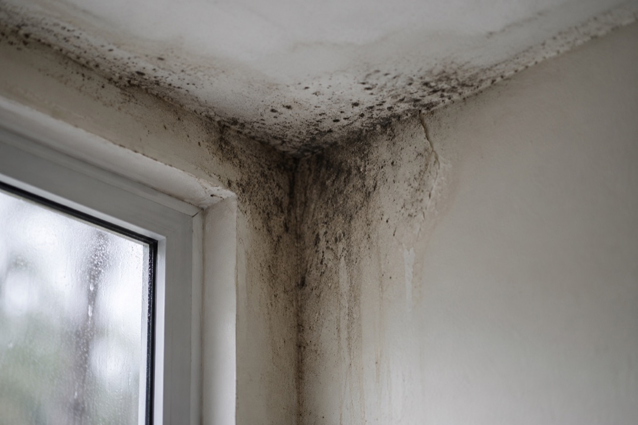 Signs of mold — dark mold growth in a ceiling and wall corner near a window